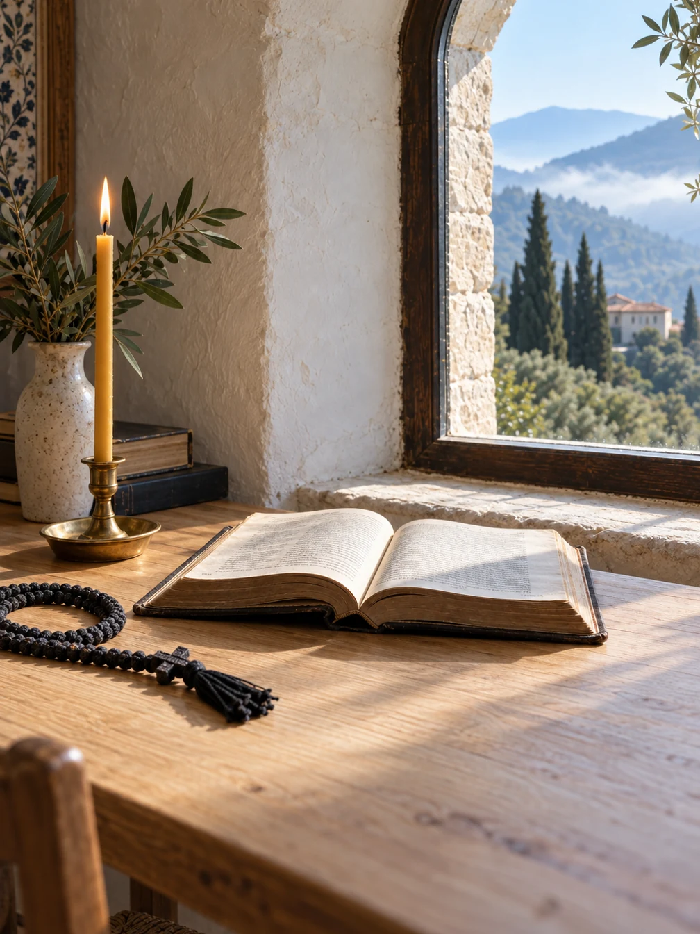 An open book, prayer rope and lit candle beside a sunlit window